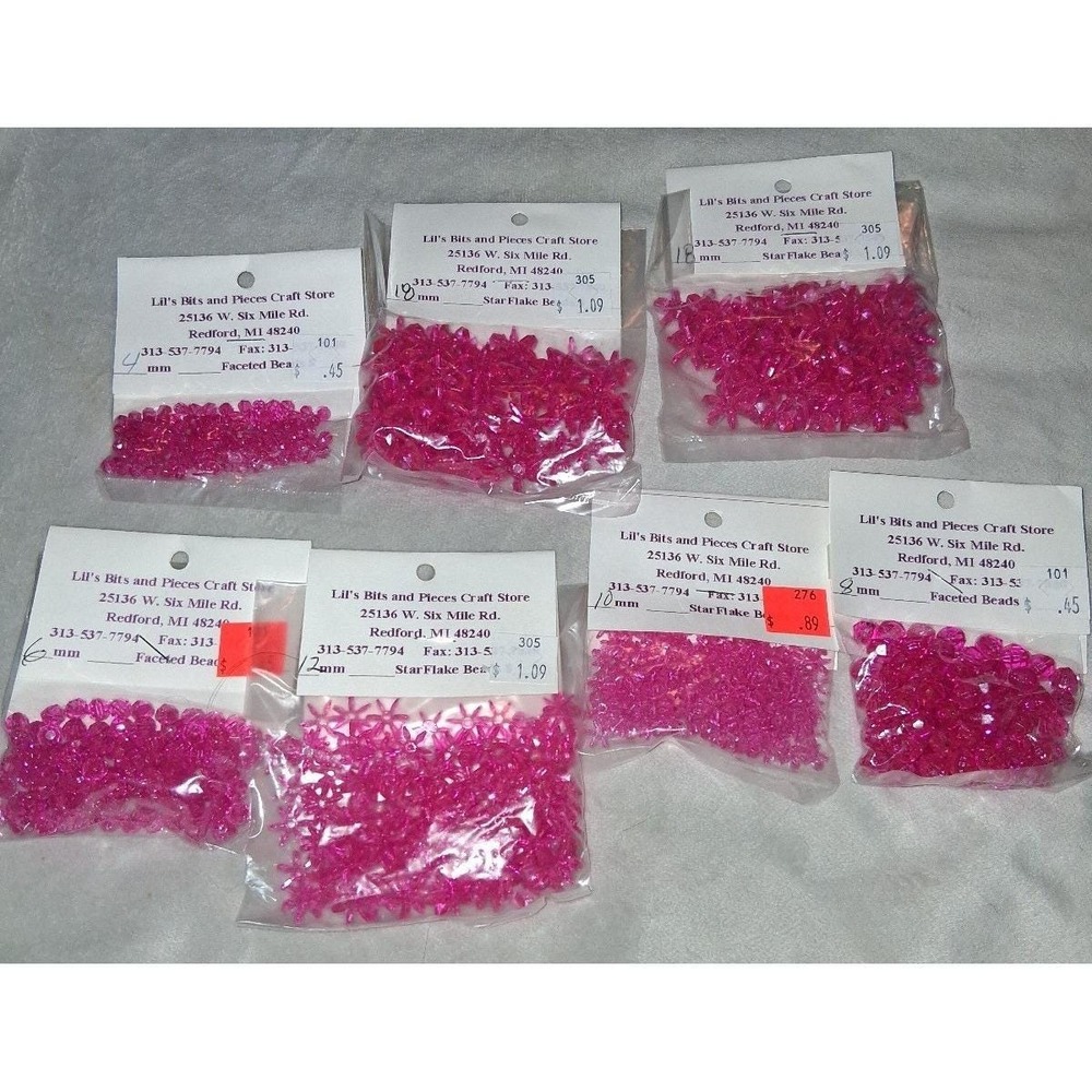 Pink Acrylic Craft Bead Lot Starflake & Faceted Beads 7 Packs New Old Stock